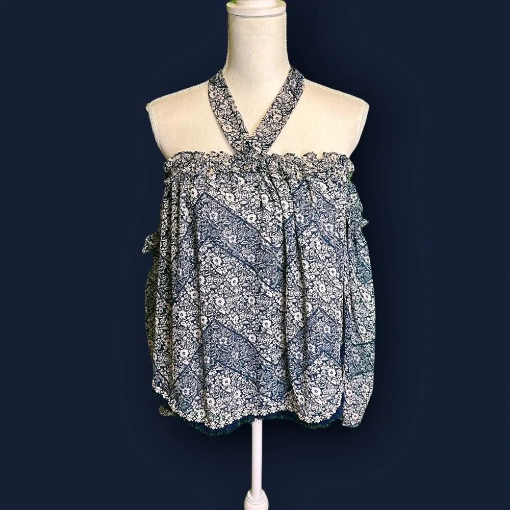 Misa Los Angeles Blue Floral Print ‘Livey’ Off The Shoulder Tie-Neck Top Size XS